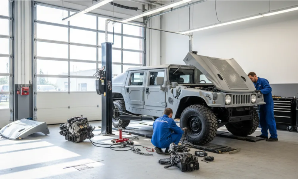 Hummer H1 being restored by master mechanics in Chapman Mobil workshop, Orange CA